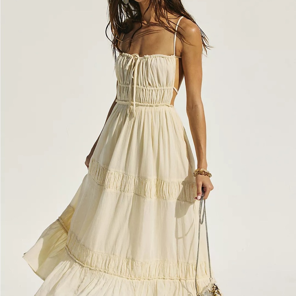 Free People Cream Taking Sides Maxi Ruched Tiered Sundress